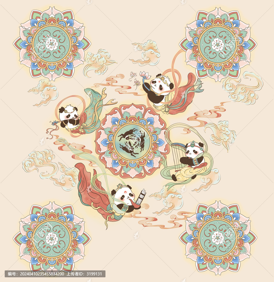 熊貓插畫(huà)中秋卡通裝飾藻井紋