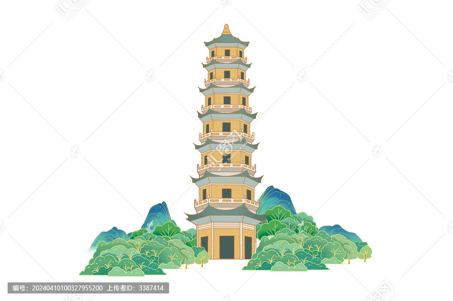國(guó)風(fēng)瑞云塔建筑手繪插畫(huà)