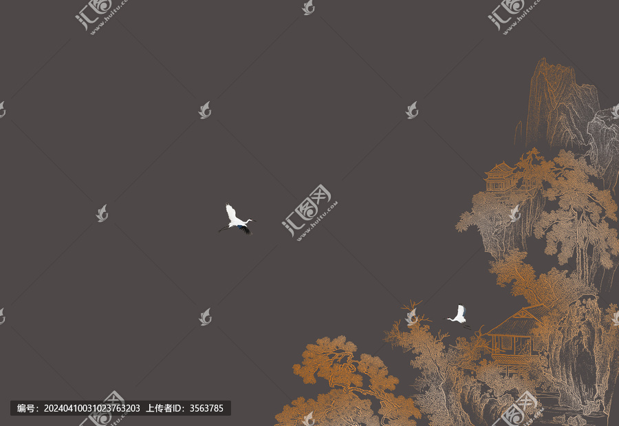中式線描山水工筆線描瑞鶴圖壁畫