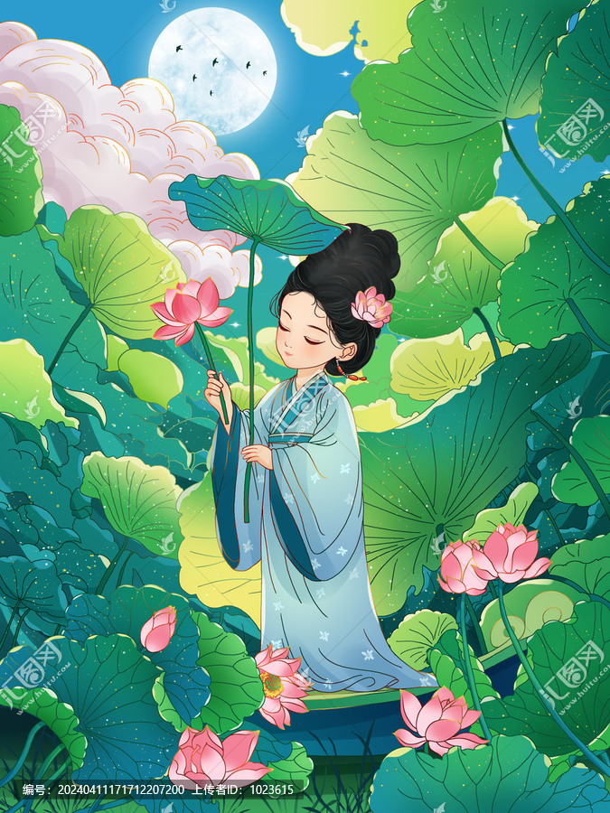 古風(fēng)人物荷葉創(chuàng)意場景夏至插畫