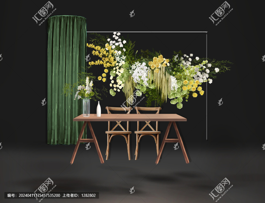 白綠色婚禮簽到區(qū)木桌綠色布幔