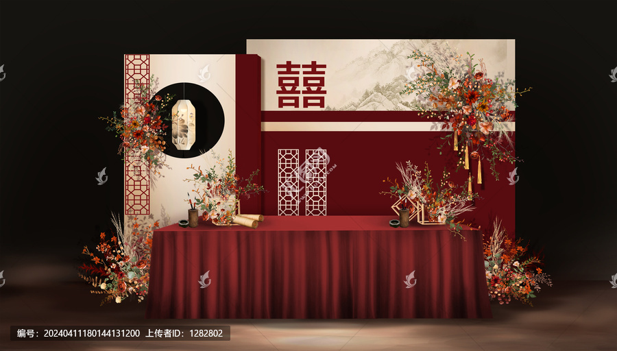 香檳紅色中式婚禮簽到區(qū)效果圖