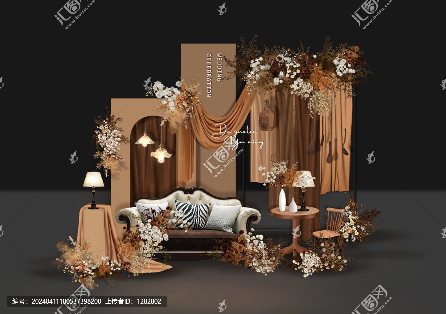 婚禮迎賓區(qū)質(zhì)感咖色布幔婚禮