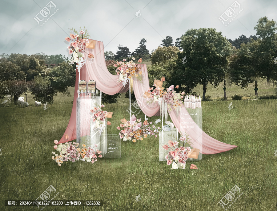 草坪婚禮甜品區(qū)粉色布幔