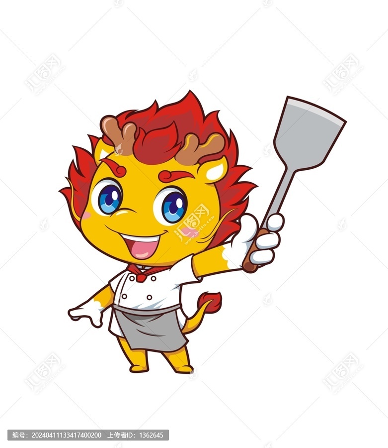 卡通可愛小龍廚師拿鍋鏟形象