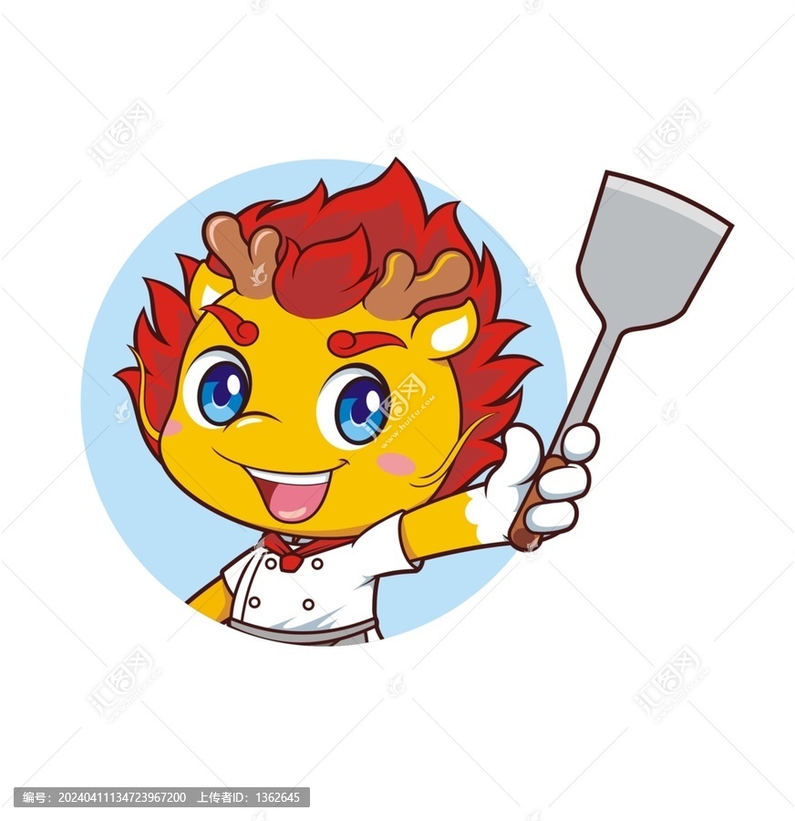 卡通可愛小龍廚師拿鍋鏟頭像