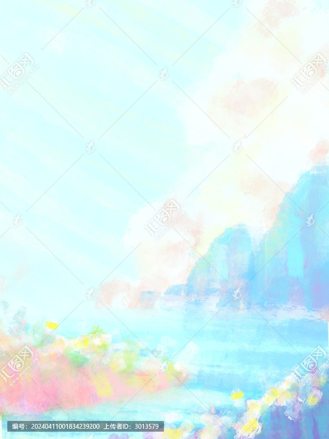 水彩風(fēng)景天空河流山川鮮花插畫