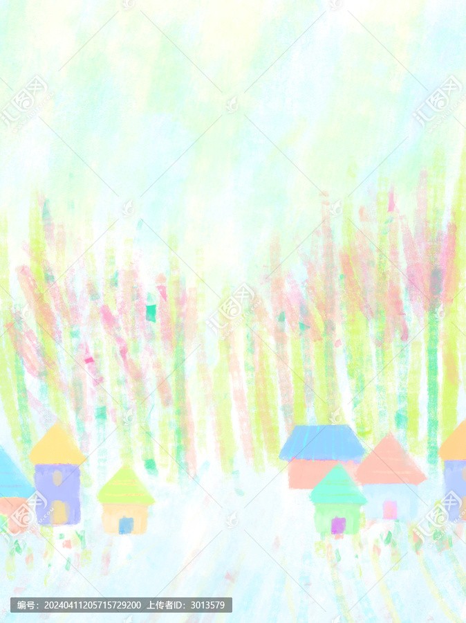 水彩風(fēng)景童話天村莊插畫背景