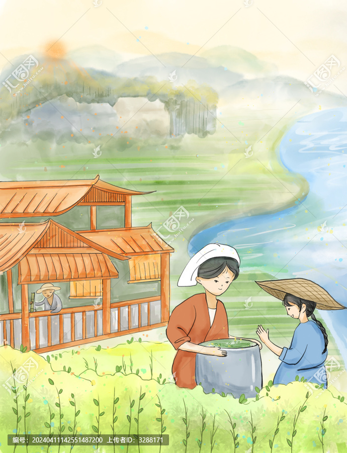 節(jié)氣谷雨女孩采茶國風(fēng)水彩插畫