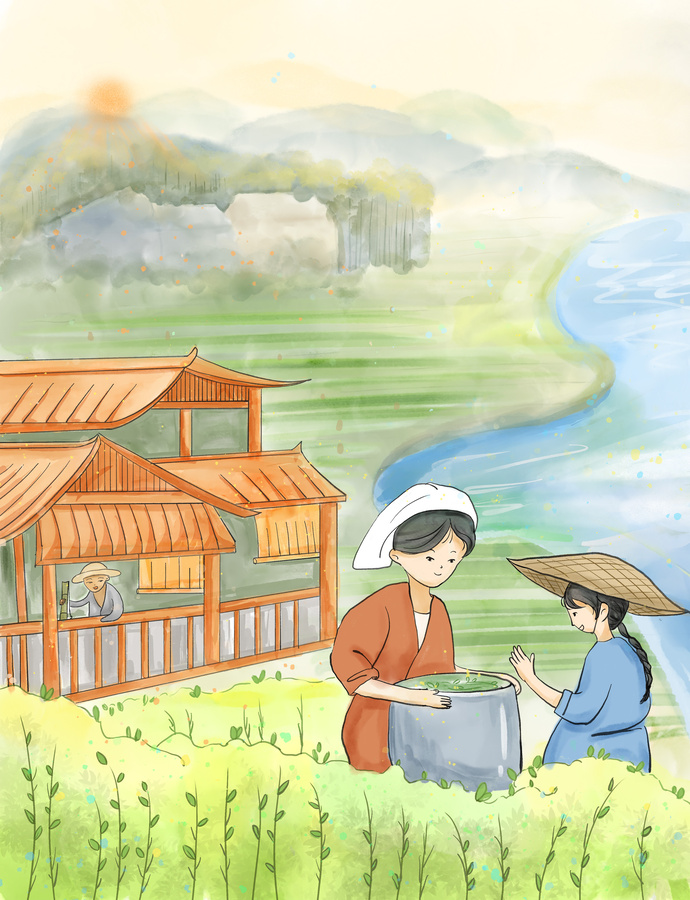 節(jié)氣谷雨女孩采茶國風(fēng)水彩插畫