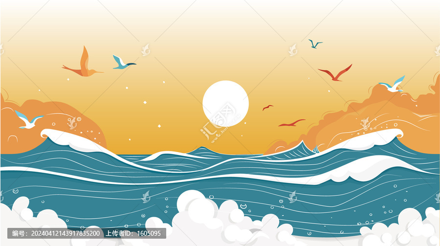 海水浪花矢量素材橫幅插圖