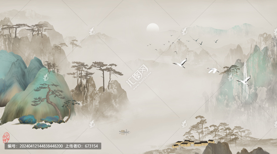 新中式山水背景墻壁畫