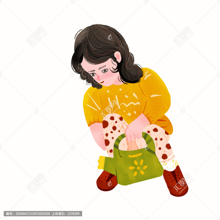 可愛(ài)卡通澆花的女孩春季插畫(huà)