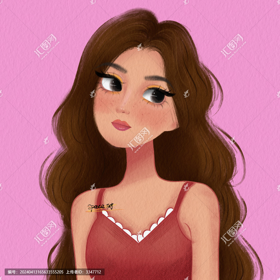 森系插畫手繪卡通少女長發(fā)女孩
