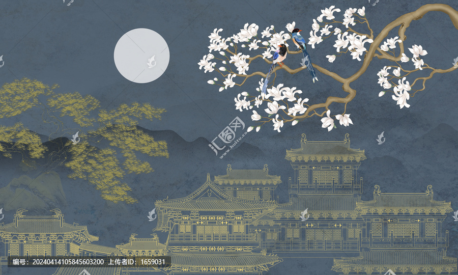 新中式線描山水壁畫