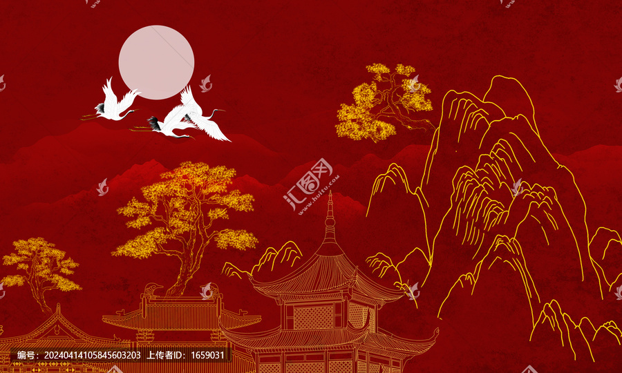 新中式線描山水壁畫