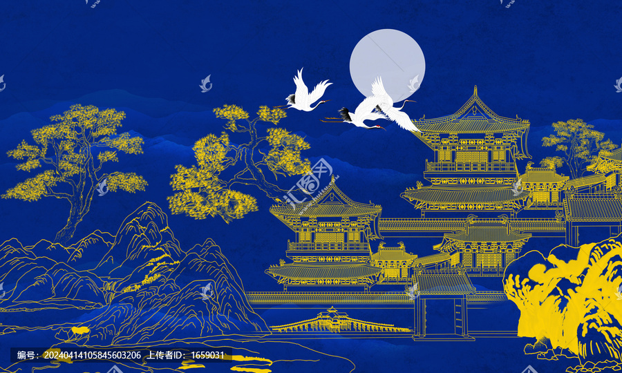 手繪描金線描山水畫