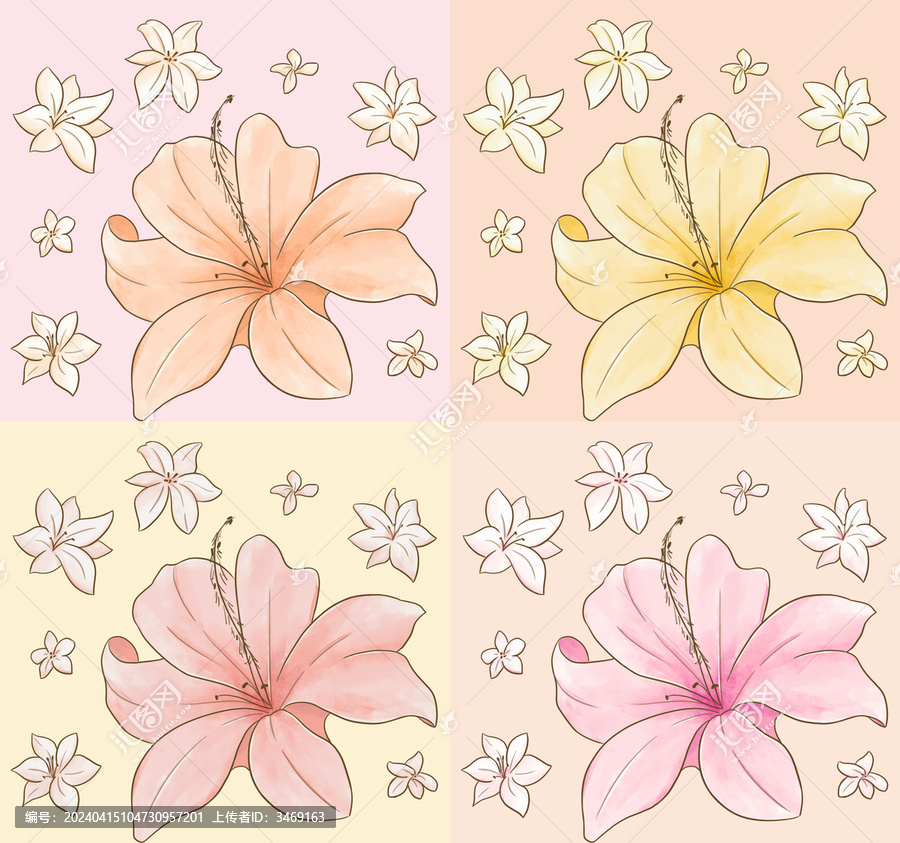 四种不同颜色的手绘百合花组合