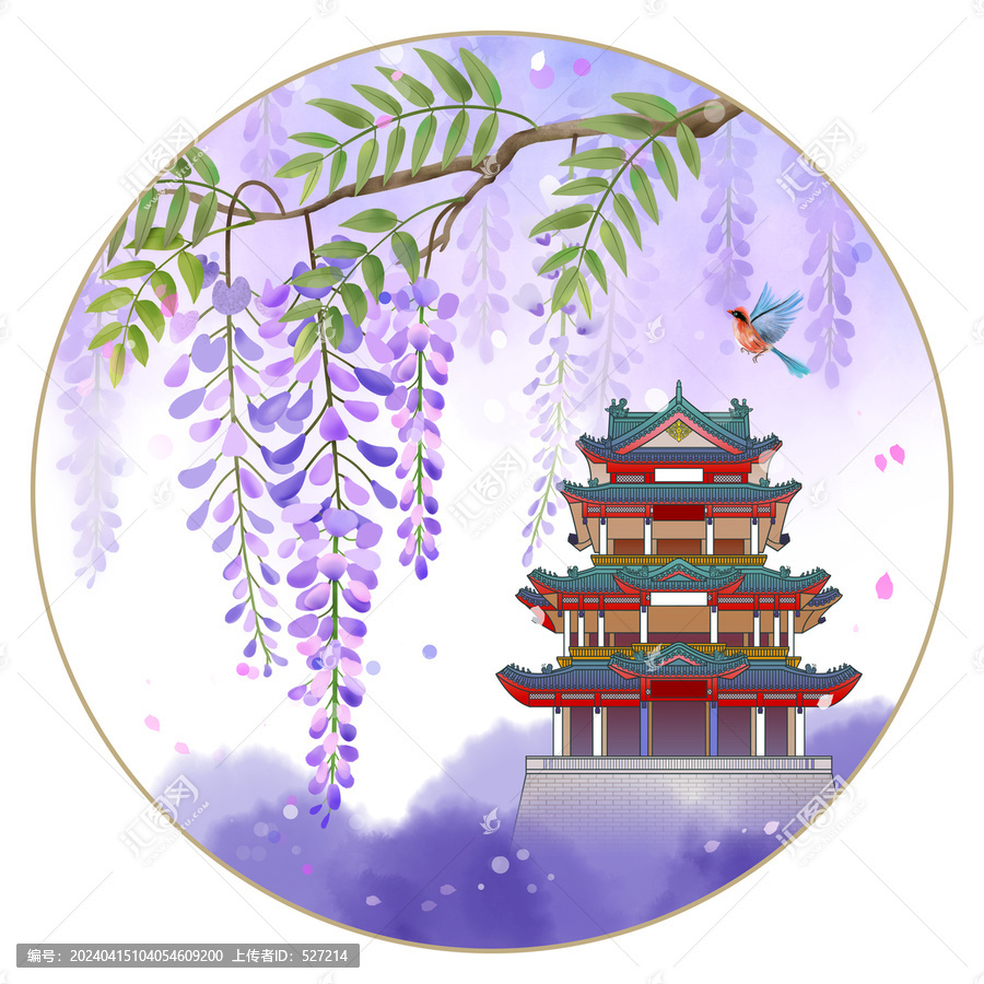 紫藤花古建筑插畫