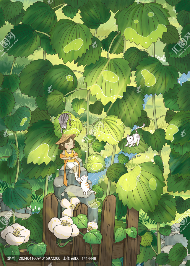 夏天植物小清新治愈女孩田野插畫