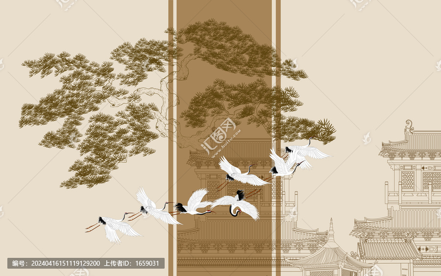 描線迎客松山水樓閣