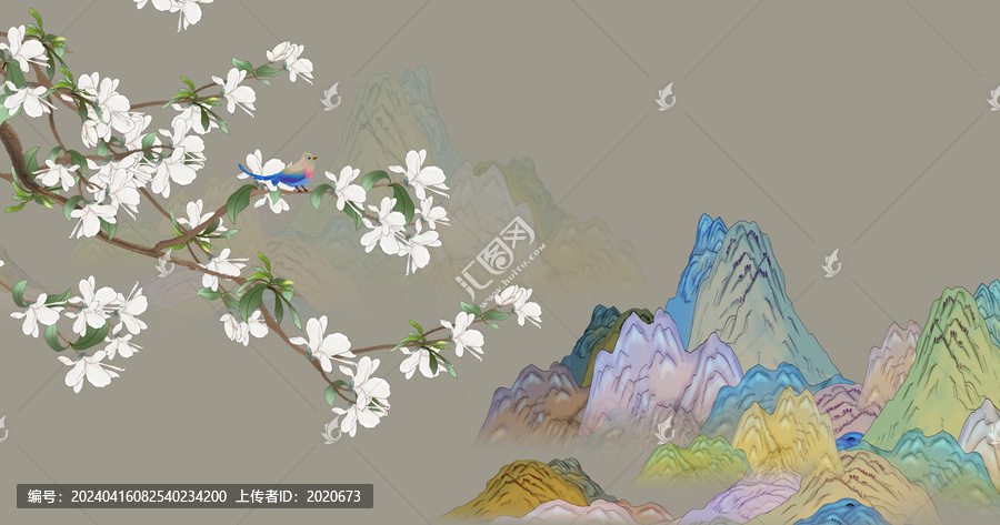 國潮山水花鳥壁畫