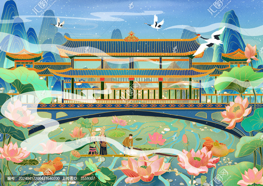 國(guó)風(fēng)橋荷花池建筑物插畫(huà)