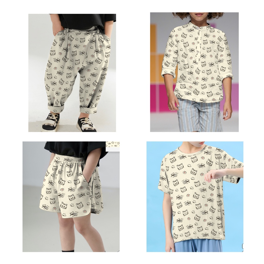 卡通小貓小魚插畫服裝包裝圖案