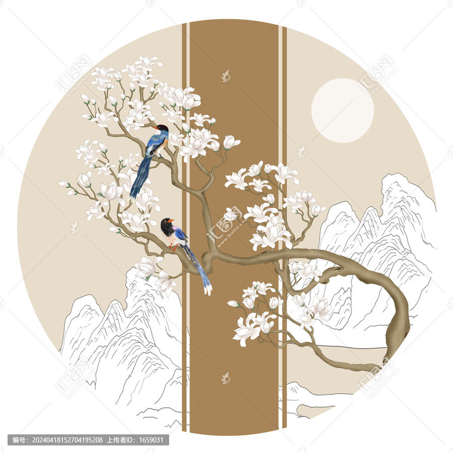 玉蘭花描線山水花鳥