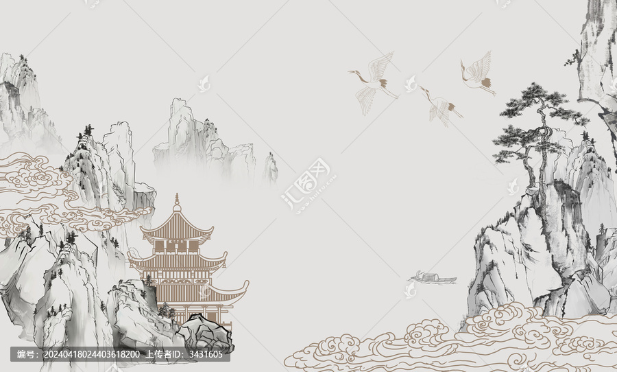 中式線描山水裝飾畫
