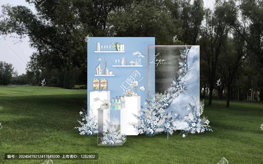 藍白色戶外草坪婚禮展示區(qū)甜品
