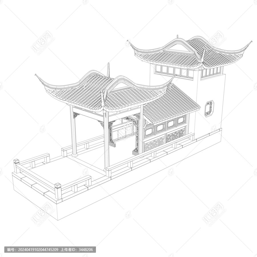 船舫旱船鳥瞰線稿