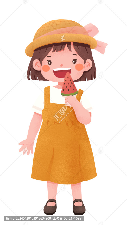 夏天吃著西瓜冰棍的女孩人物元素