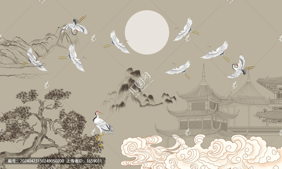 手繪樓閣背景墻