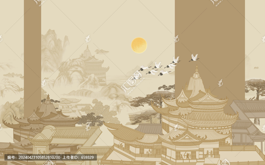 新中式亭臺(tái)樓閣山水畫(huà)