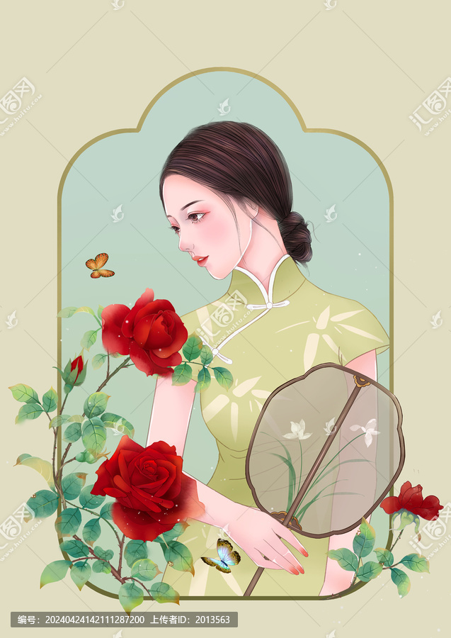 民國風(fēng)玫瑰花旗袍女孩插畫
