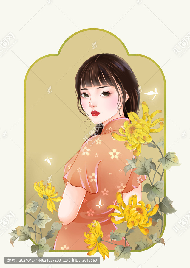 民國(guó)風(fēng)菊花旗袍女孩插畫