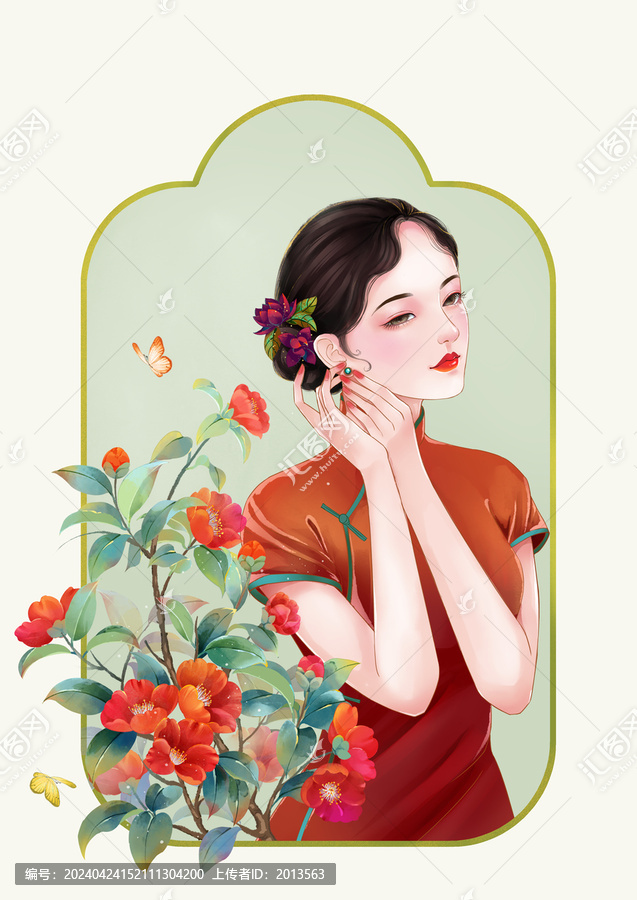 民國風山茶花旗袍女孩插畫