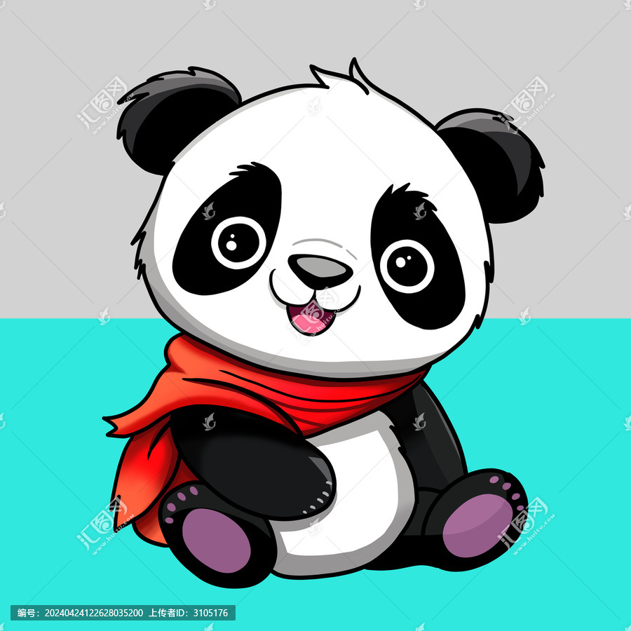 可愛卡通熊貓素材坐姿熊貓紅圍巾