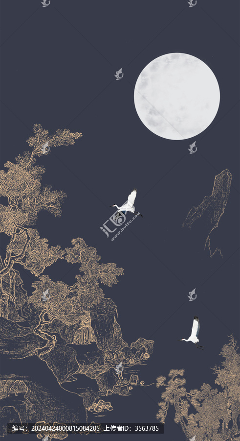 框畫中式圓形線描山水框畫