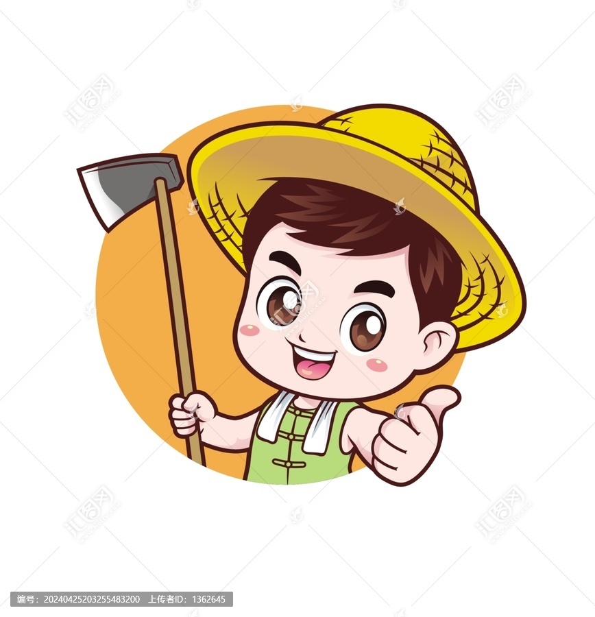 卡通可愛小農(nóng)夫拿鋤頭頭像矢量圖
