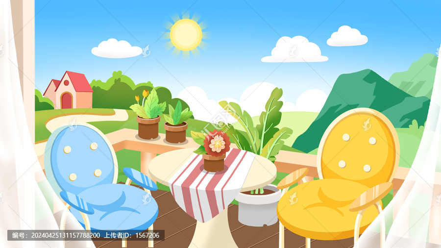卡通手繪插畫陽臺場景