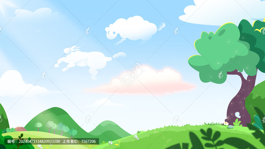 卡通手繪插畫繪本草坪藍天白云