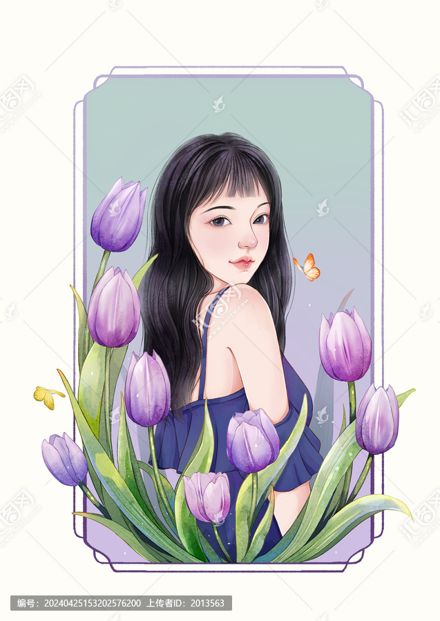 郁金香女孩插畫