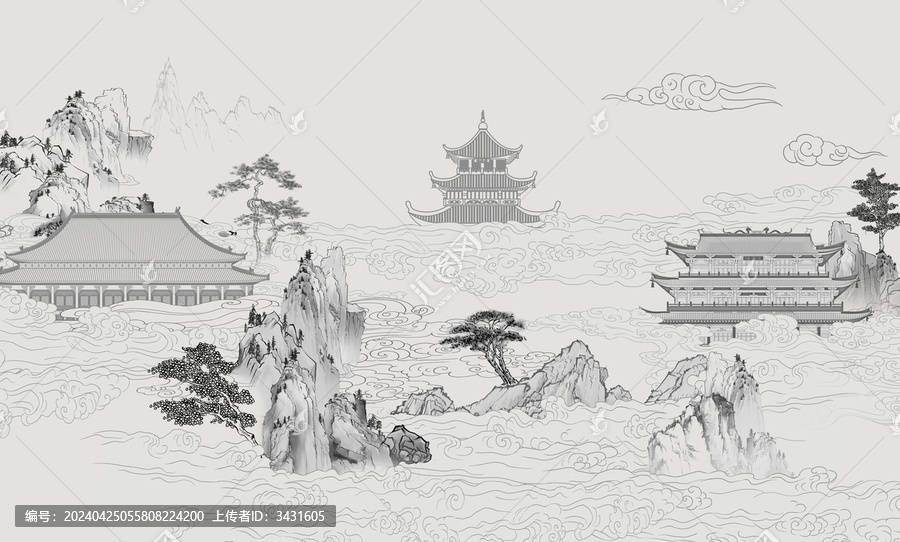 新中式線描壁畫