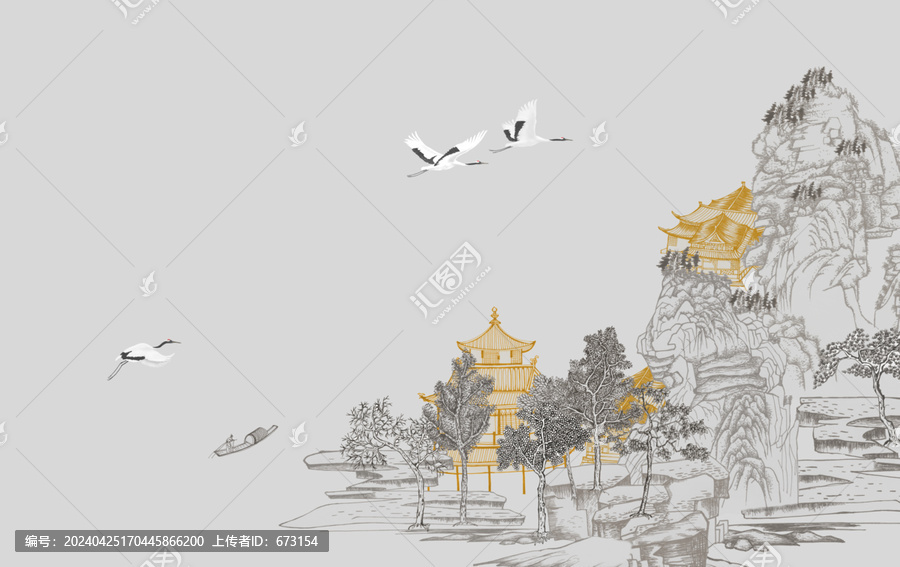 新中式山水樓閣背景墻壁畫(huà)