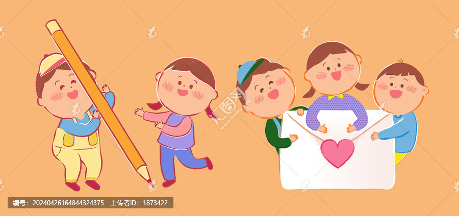欢乐手拿铅笔与围绕情信的小孩手绘人物集合