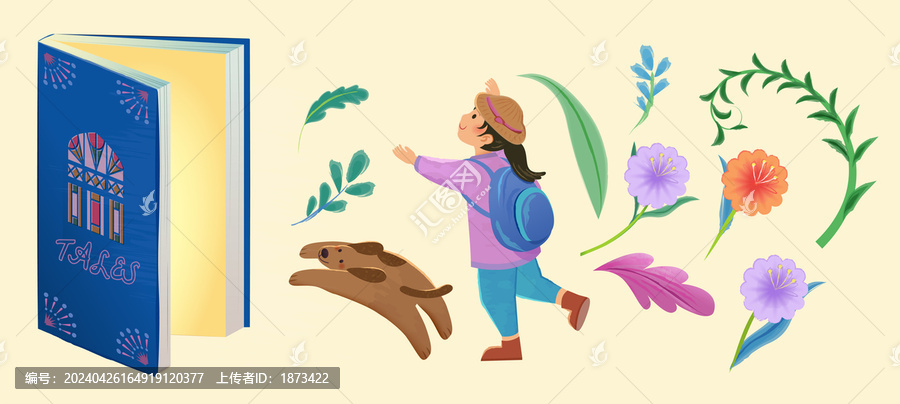可愛(ài)女孩小狗書(shū)籍與植物素材集合