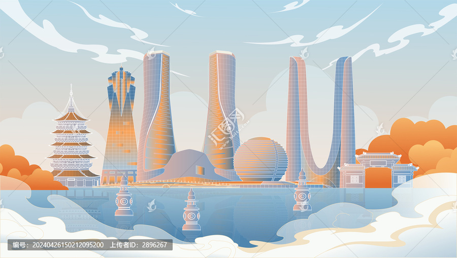 杭州地標(biāo)建筑群天際線矢量插畫