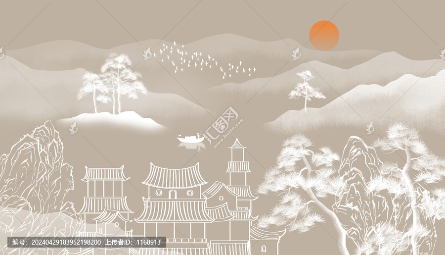 新中式山水背景墻壁畫
